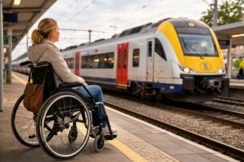 vrouw in rolstoel op perron