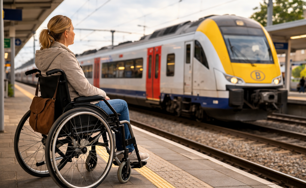 vrouw in rolstoel op perron